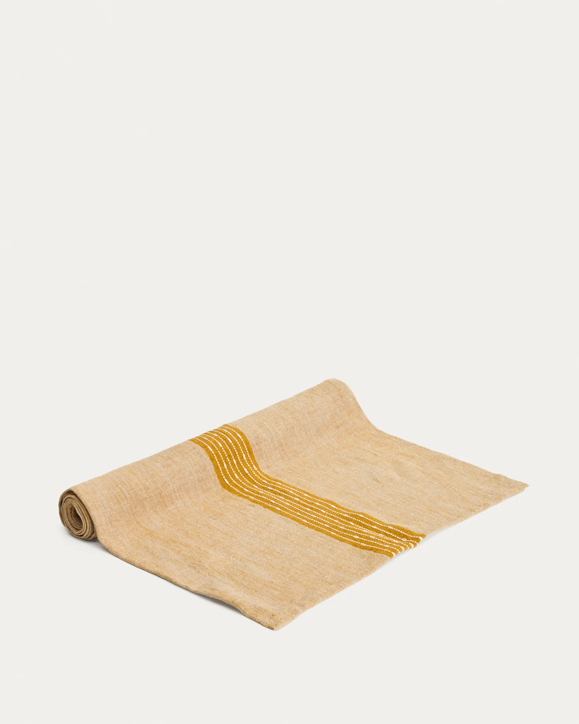 Calena linen jacquard table runner with mustard central stripe 50 x 150 cm