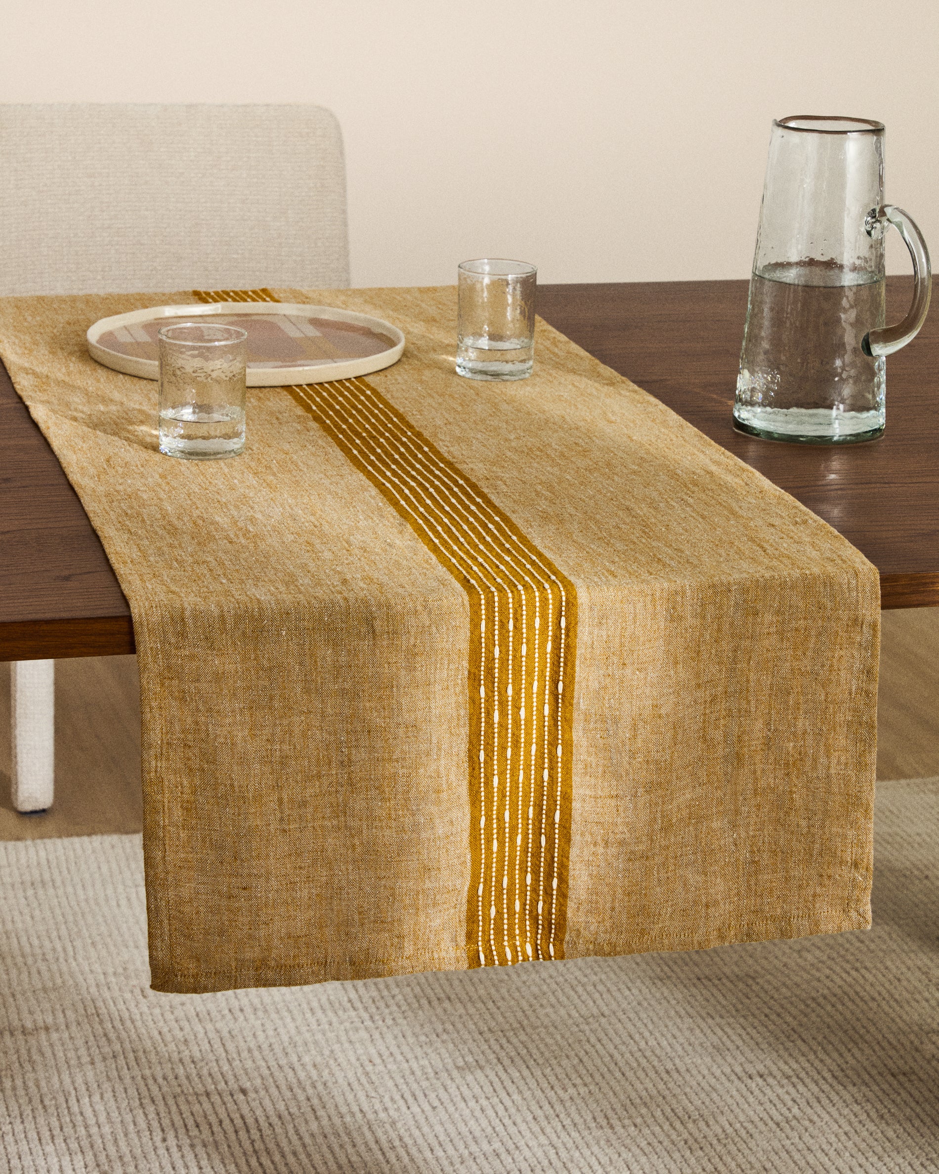 Calena linen jacquard table runner with mustard central stripe 50 x 150 cm - Image 4
