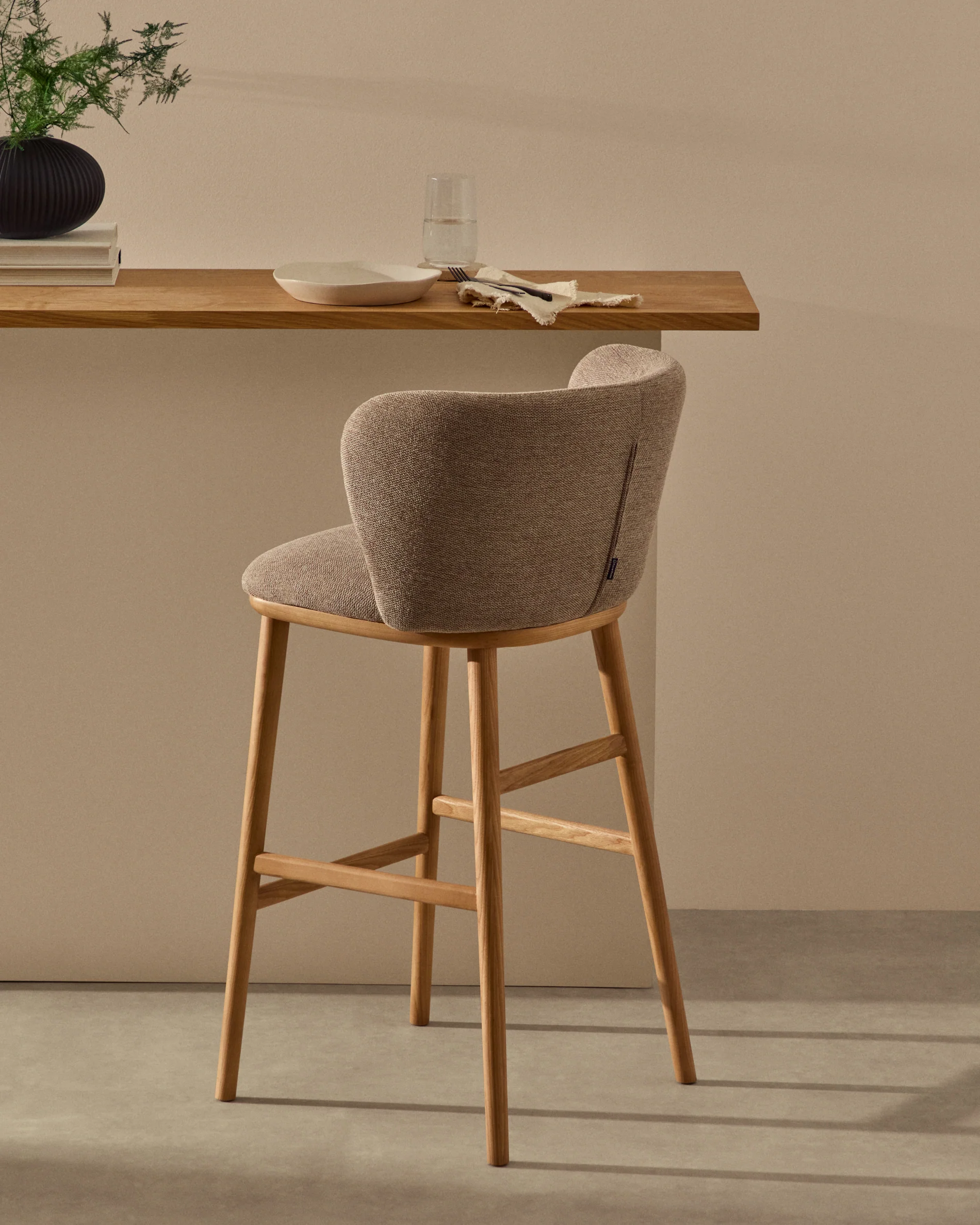 Ciselia stool beige chenille and solid ash wood natural tone finish FSC Mix Credit 75 cm - Image 7