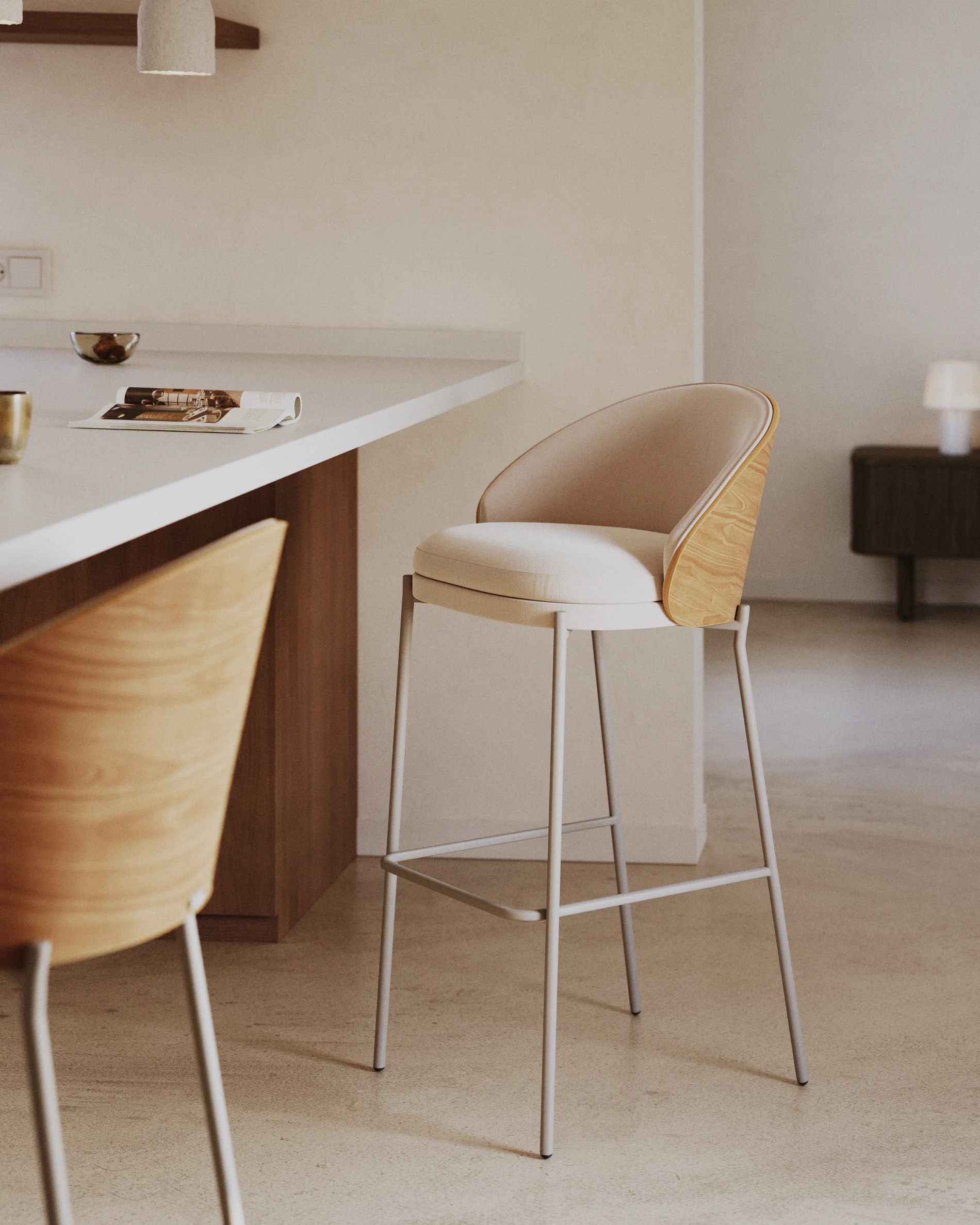 Eamy stool in beige chenille, in a natural finish ash veneer and beige metal and a height of 65 cm - Image 2