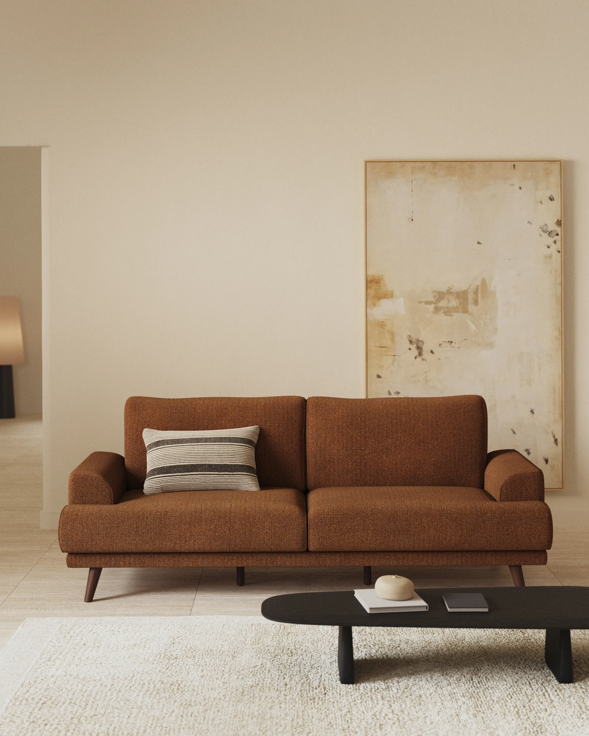 Karin 2-seater sofa dark orange with solid beech wood legs with natural finish, 210 cm - Image 3