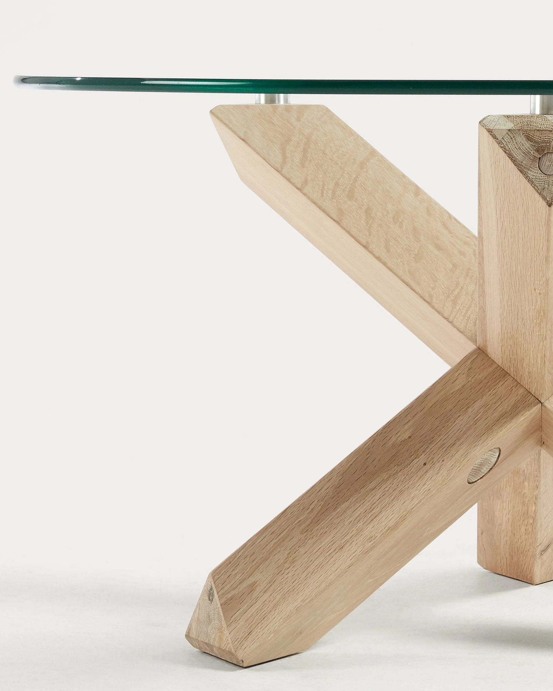 Lotus glass top coffee table with solid oak wood legs, Ø 65 cm - Image 5