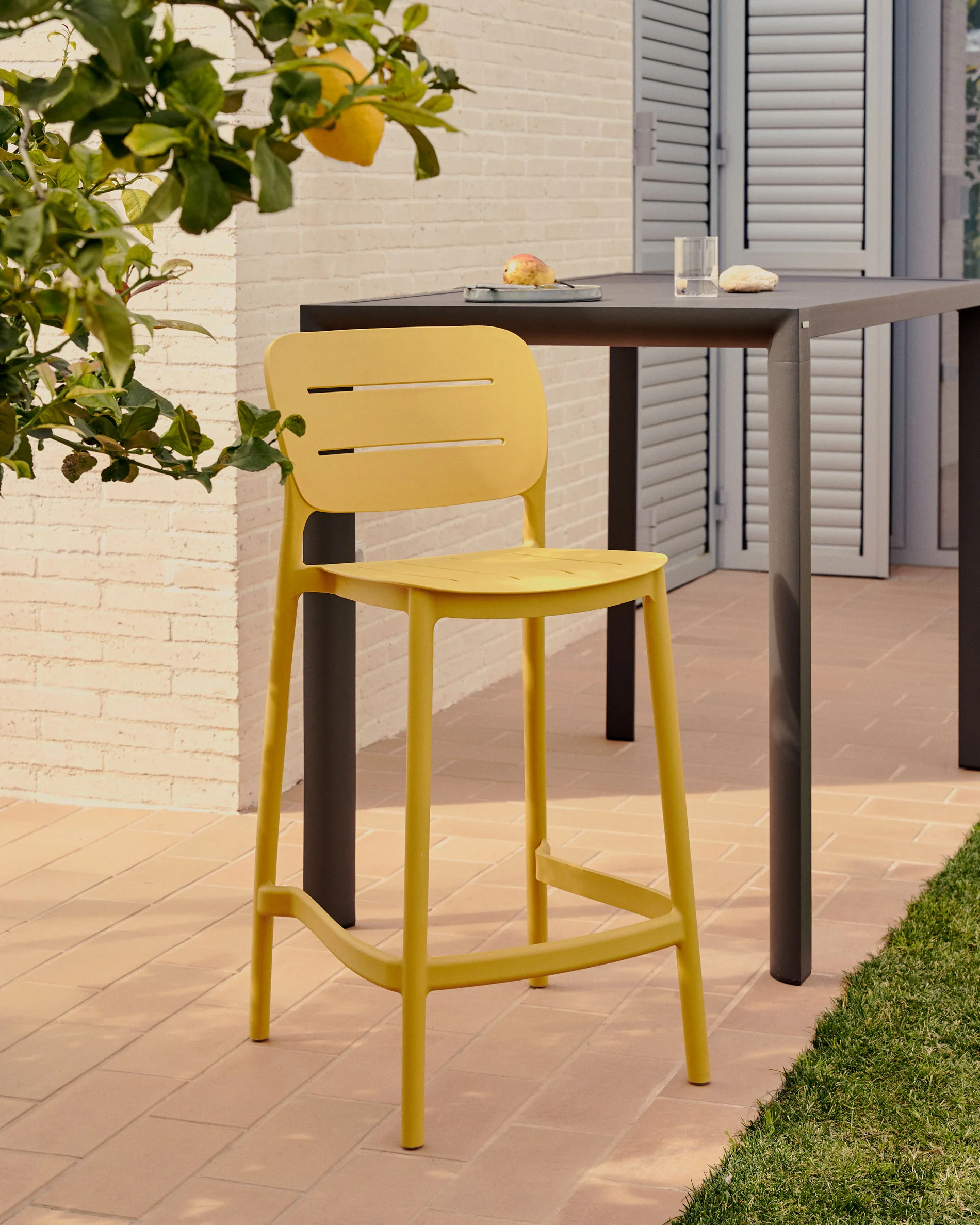 Morella stackable outdoor stool in mustard, 65 cm in height - Image 2