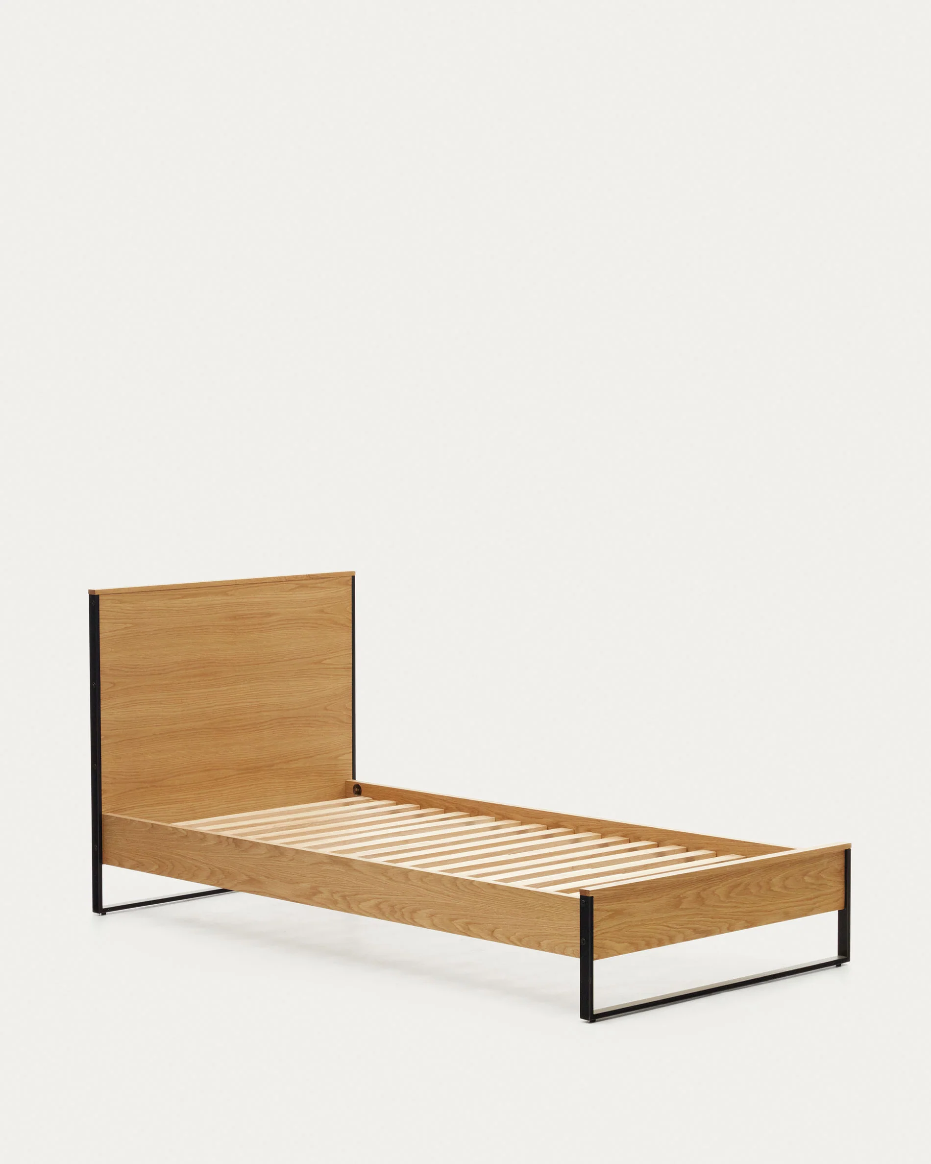 Taiana oak wood veneer bed with steel legs in a black finish, 90 x 190 cm - Image 6